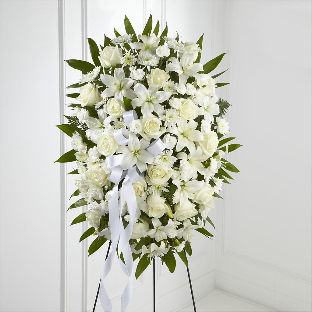 Exquisite Tribute Standing Spray-White Ribbon – Schnucks Florist And Gifts #162, Olivette MO
