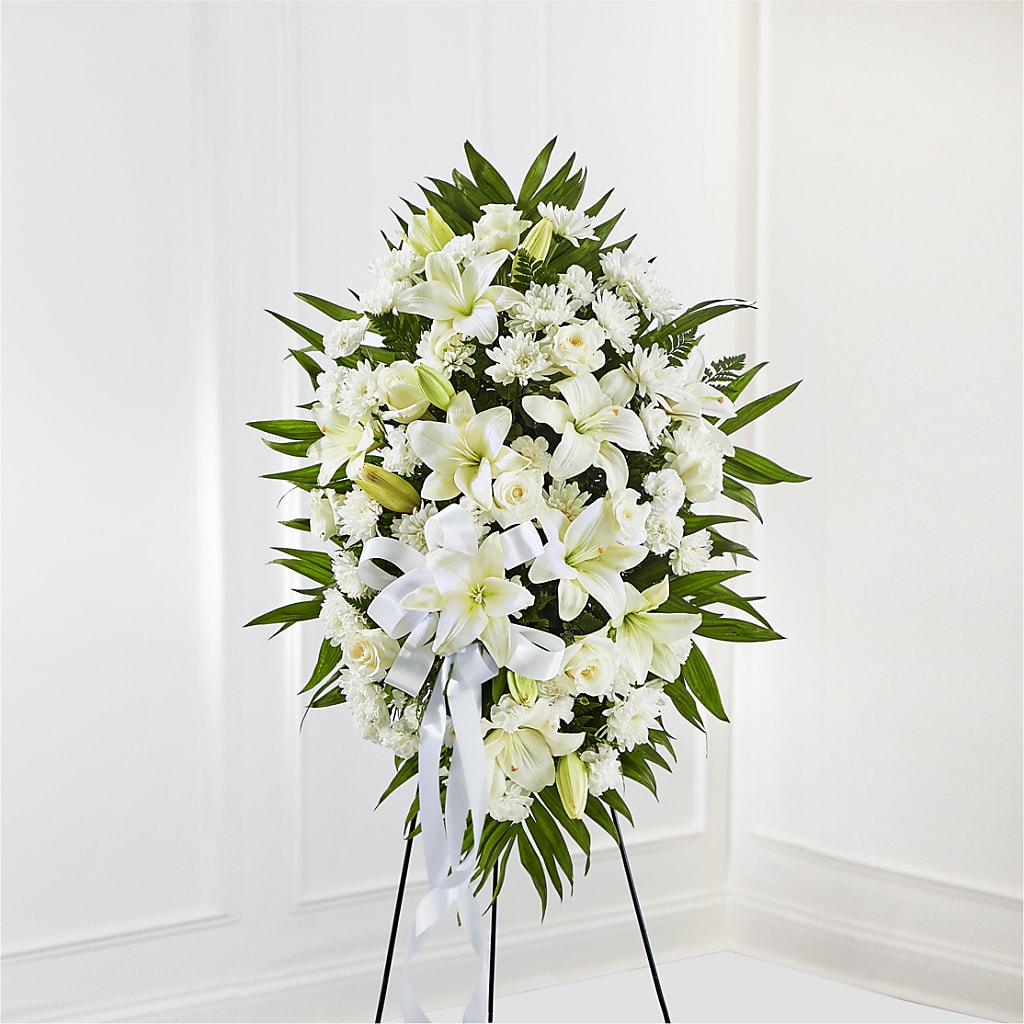 Exquisite Tribute Standing Spray-White Ribbon – Schnucks Florist And Gifts #162, Olivette MO